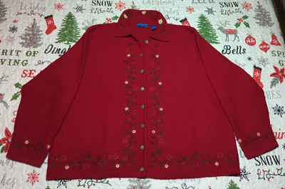 Karen Scott Woman 2X Christmas Red Embroidered Poinsettias 100% Wool Sweater EUC