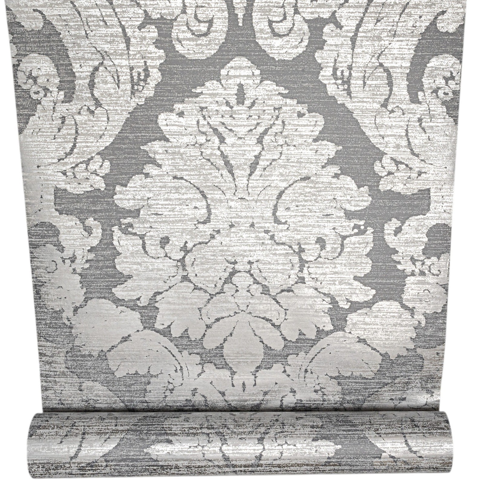Grey Silver Damask Wallpaper Floral Textured Shimmer Metallic Thick Feature Wall