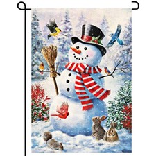 Winter Snowman Garden Flag 12x18 Vertical inches, White, Black, Red