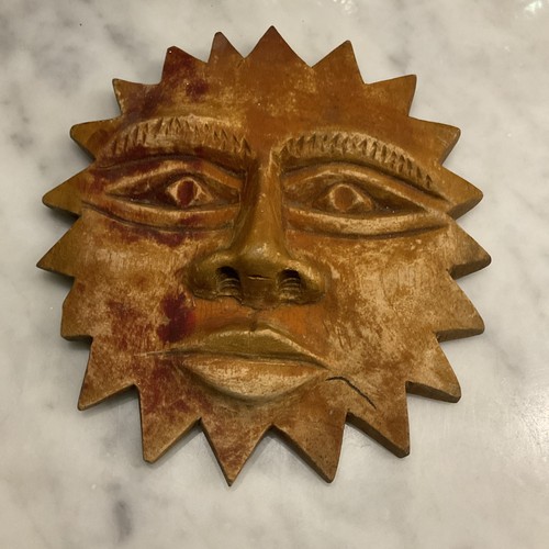 Vintage Rustic Wood Sun Face Wall Hanging Plaque Folk Art Celestial Decor 7”