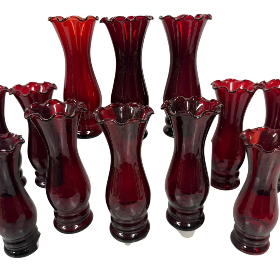 Job Lot x14 Vintage American Anchor Hocking Vase Ruby Red Ruffle Top Bud Vases - Image 3 of 4