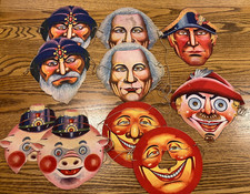 Bundle / Joblot of 10 x vintage 1950 60s Cardboard Face Masks, home decor
