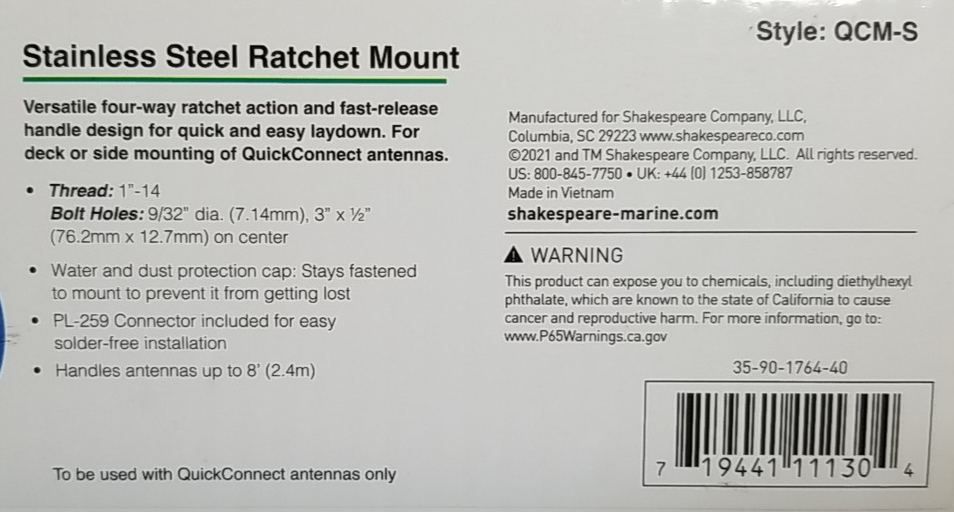 Shakespeare VHF Antenna Quick Connect Stainless Steel Ratchet Mount QCM-S