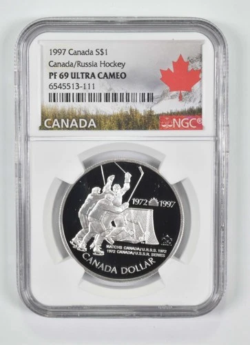 1997 PF69 Canadian $1 Silver Dollar Canada/Russia Hockey NGC Canada Lbl *7531