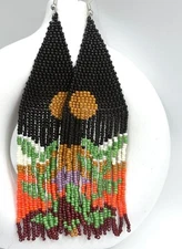 5 1/2"L Stunning Colorful Botanical Landscape Hand Beaded Tassel Earrings New