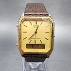 Seiko Watch Men 28mm Analog Digital Champagne Dial Gold Tone New Batt READ!!!!!!