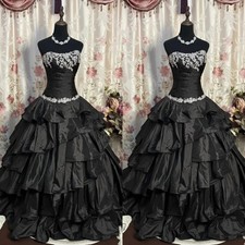Black Wedding Dresses White Lace Strapless Ruffles A Line Vintage Bridal Gowns