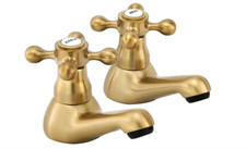 Oxford Bathroom Bath Pillar Tap Set Pair Round Single Cross Handle Brushed Brass
