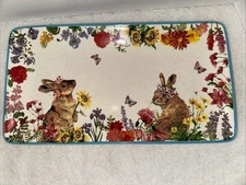 Magenta Spring Floral Bunnies Crazed Style Colorful Rectangle Easter Tray