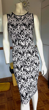 VGC Ladies TG Stretchy BLACK Natural ECRU All Over GEO Mix Bodycon Midi Dress 10