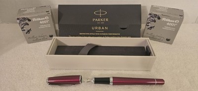 NEW! Genuine Parker Urban Vibrant Red Fountain Pen, Medium Nib With 2 Black Ink