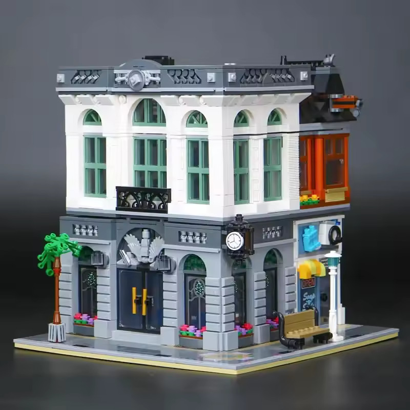 LEGO-kompatible Straßengebäude - Bausatz Bank + Wäscherei