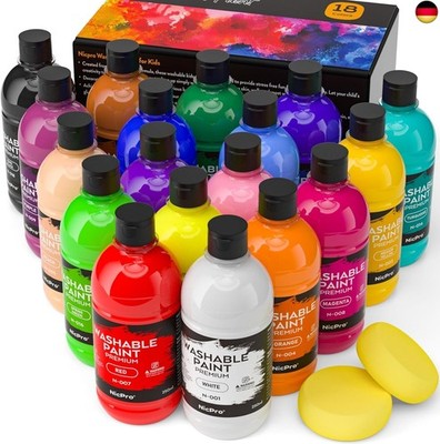 Nicpro 18 Farben Abwaschbares Temperafarbe für Kinder, 250 ml Fingerfarben