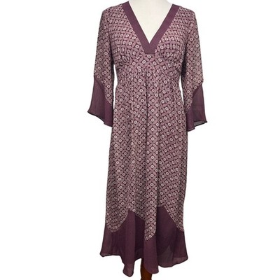 Jonathan Martin 10 Burgundy Boho Lace Bell Sleeve V-Neck Flowy Midi Dress Witchy