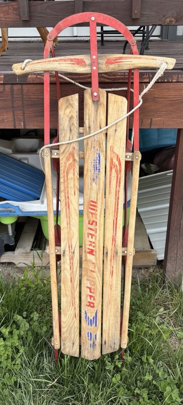 Western Clipper Vintage Wood Sled Red Metal Steering Beige Traditional
