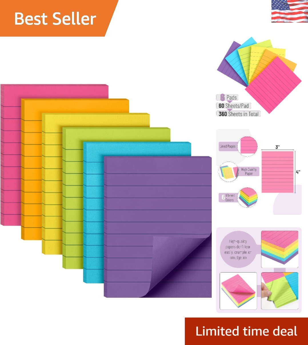 Vibrant Lined Sticky Notes - 6 Pads with 360 Sheets for Organized Note-Taking-image