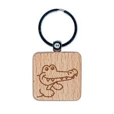 Peeking Alligator Engraved Wood Square Keychain Tag Charm