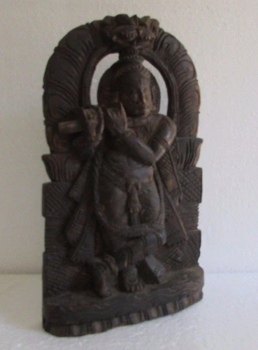 Vintage Old Hand Carved Wooden God Krishna Playing Flute Statue Figure  Panel