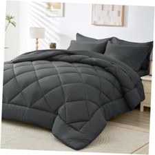 Size Comforter Set, 7 Pieces Reversible Bed in a Bag All Season King Dark Gray