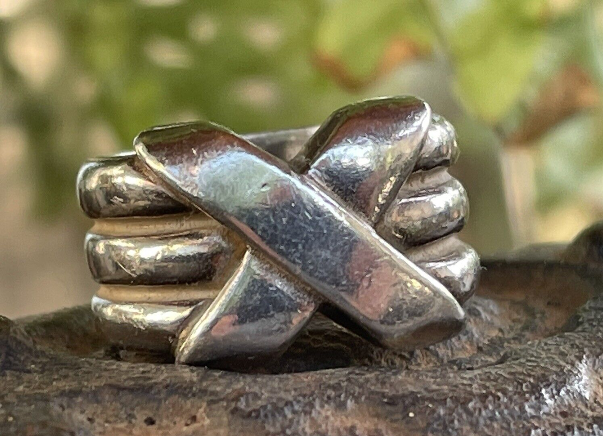 DAVID SIGAL 925 Sterling Silver Vintage Big X Ribbed Band Bold