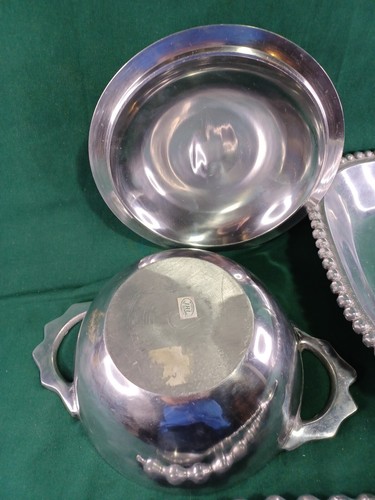 Lot Of IHI India Beaded Pewter(?) Pcs - Tray, Bowl W Lid & Serving Utensils - Picture 6 of 9