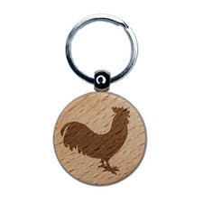 Rooster Chicken Standing Solid Engraved Wood Round Keychain Tag Charm