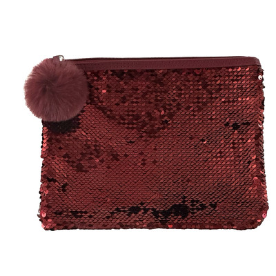 Sequin Makeup Bag Red Burgundy Zipper Pom Puff Ball Ulta Beauty Clutch Pouch