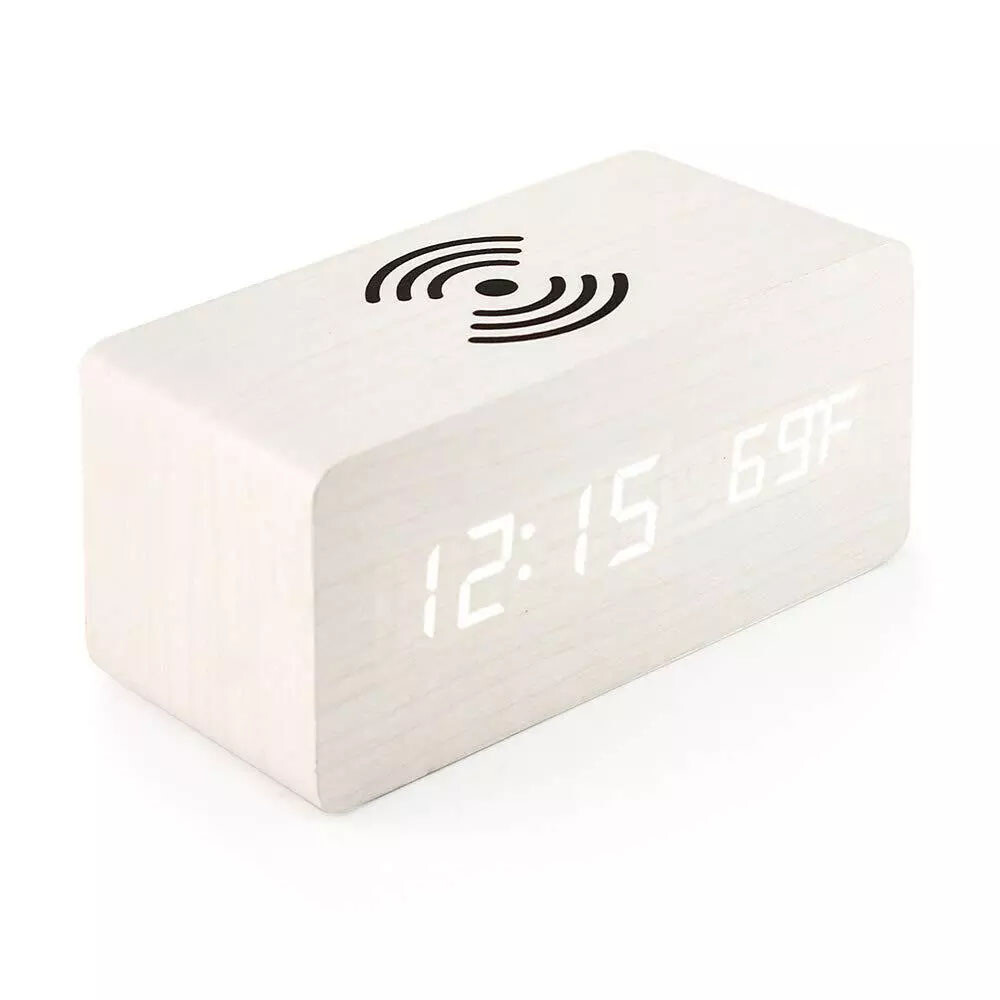 Modern Wooden Wood Digital LED Desk Alarm Clock Thermometer Qi Wireless Charger