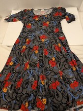 Woman's Lularoe Scoped Neck Waisted Full Skirt Gray Bright Floral Dress Size 2XL