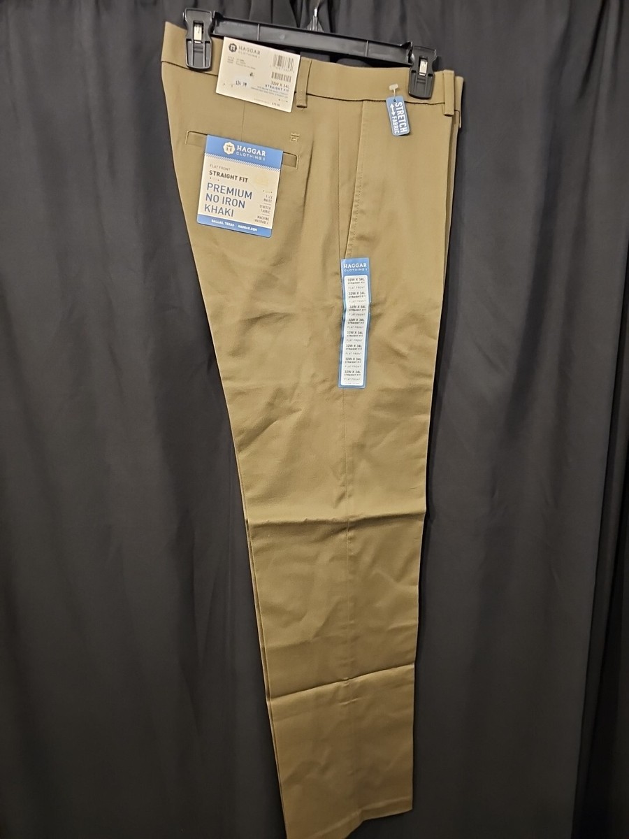 New HAGGAR Mens 32 x 34 Flat Front PREMIUM NO IRON KHAKI BROWN