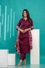 Burgundy Straight Kurta Set With Printed Dupatta for Women, Indian Salwar Kameez