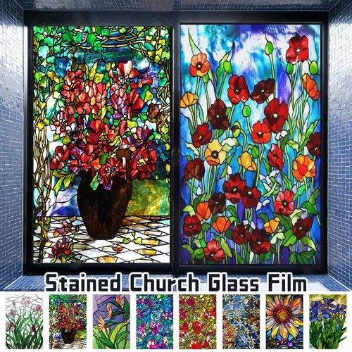 Stained Flower Magnolia  Stickers Windows Film Static Sliding Door Decor