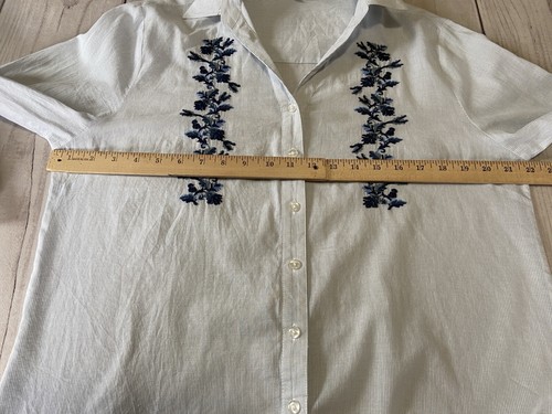 Lapis White Gray Blue Embroidered Loose Fit Roll Tab Sleeve Button Up Shirt Sz M - Picture 8 of 9