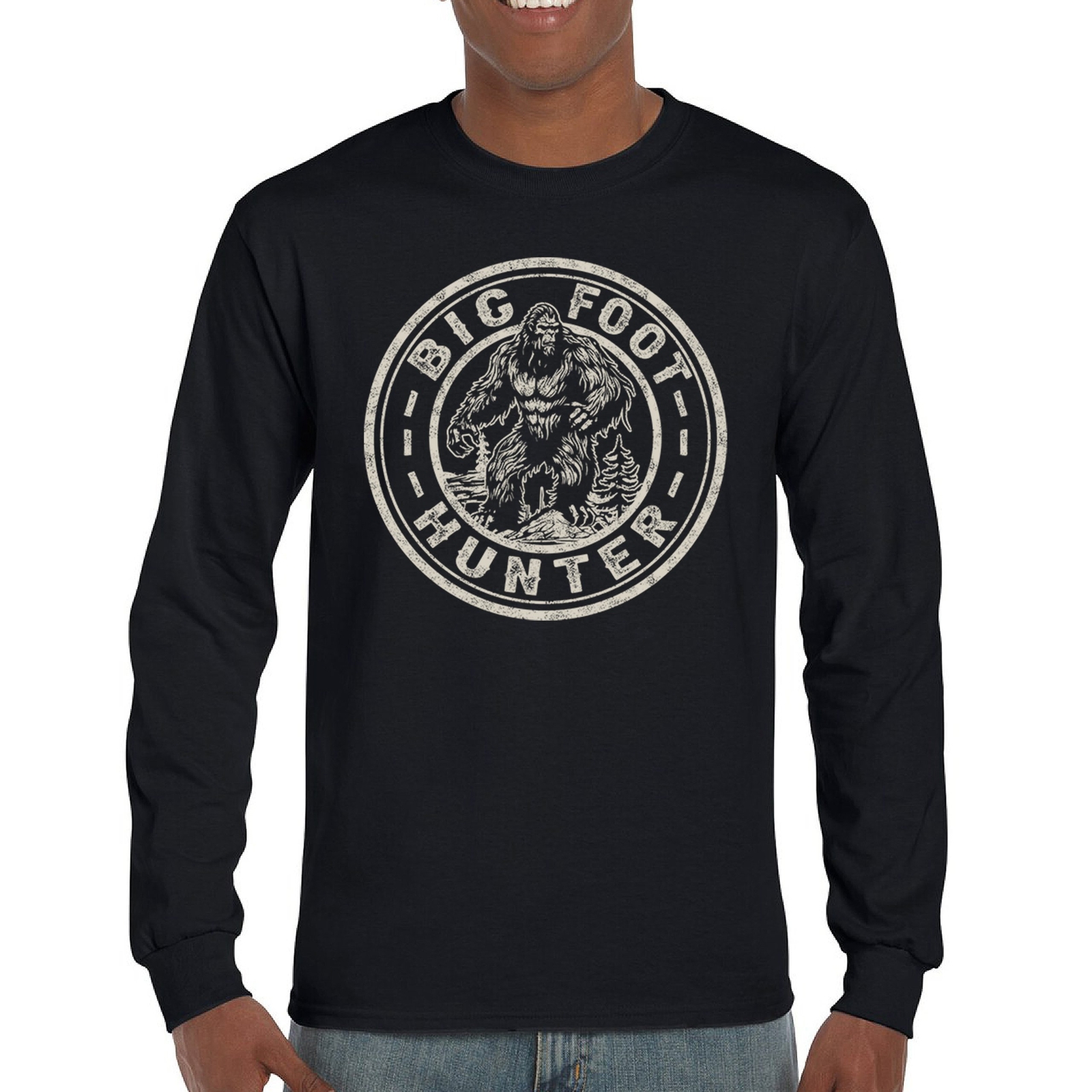 ALTRA T shirt manica lunga Bigfoot Hunter divertente scherzo sasquatch credere campeggio all'aperto