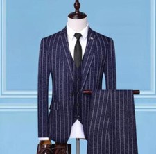 Mens Wedding Business Stripe Blazer 3PCS Coat Pants Vest Formal Dress Slim Suits