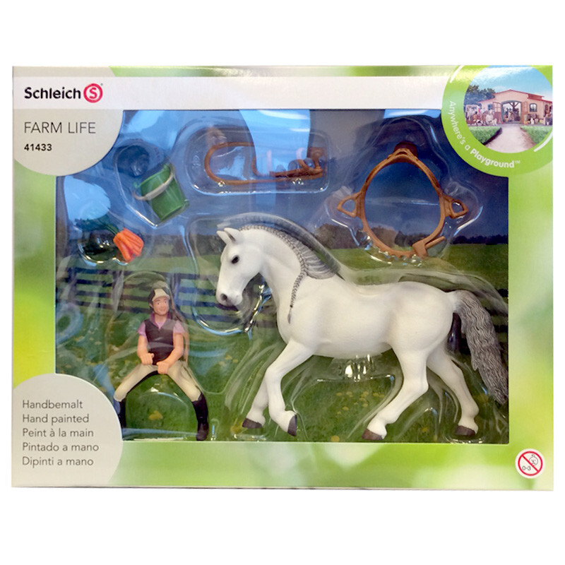 Jument Lipizzan Schleich avec cavalière émérite pour décorer un centre équestre miniature