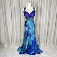 NV Couture Dress Womens 14 Blue Beaded V Neck Mermaid Open Back Gown Formal