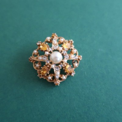 Vintage Gold Tone Faux Pearl & Rhinestone Pin Brooch Starburst Sun Orange Flower