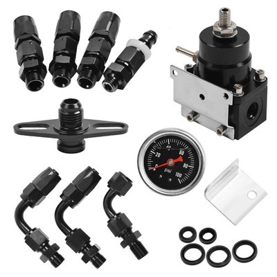 Universal Black Adjustable Fuel Pressure Regulator Kit 100 Psi Guage AN6 Fitting