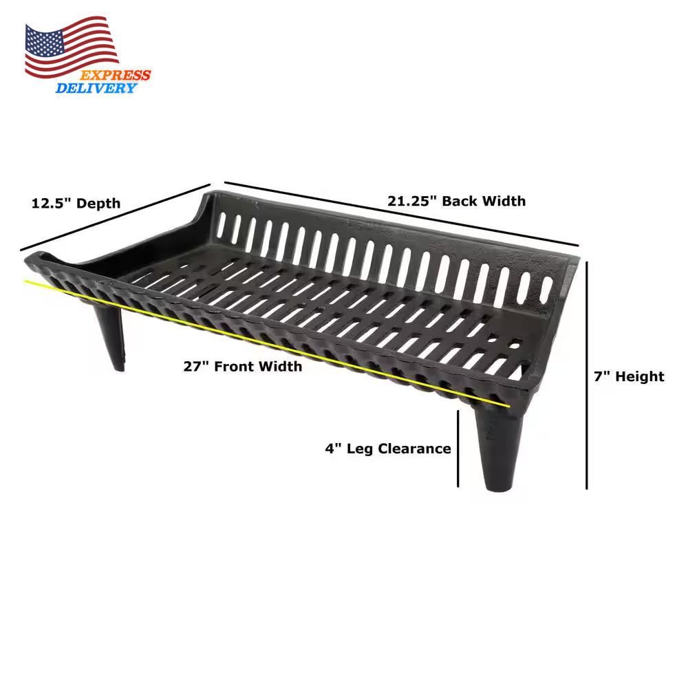 27 In. Cast Iron Heavy-Duty Fireplace Grate with 4 In. Clearance