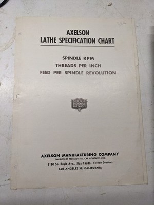 AXELSON LATHE SPECIFICATION CHART RPM TPI FEED MODEL B W D E F 4612A SHOP MANUAL