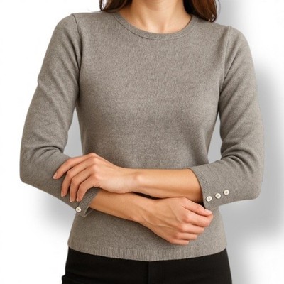 Vintage 90s Gray Silk Knit Button Cuff Crewneck Sweater Size Small Minimalist 