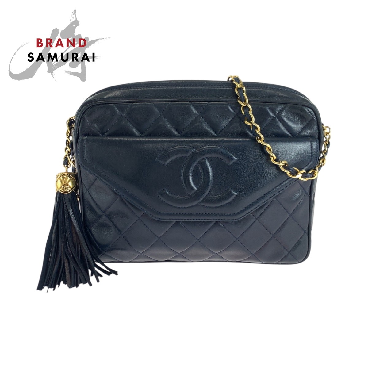 Vintage CHANEL Coco Mark Fringe Navy Lambskin Chain Bag Excellent Condition