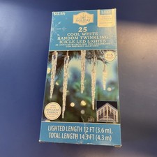 Holiday Time 25 LED White Twinkling Icicle Lights White Wire 14.3 Feet Long NEW