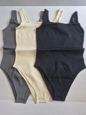 OQQ Women's 3 Pc Bodysuits Ribbed Sleeveless Square Neck Tank Blk/DkGray/Ivory S