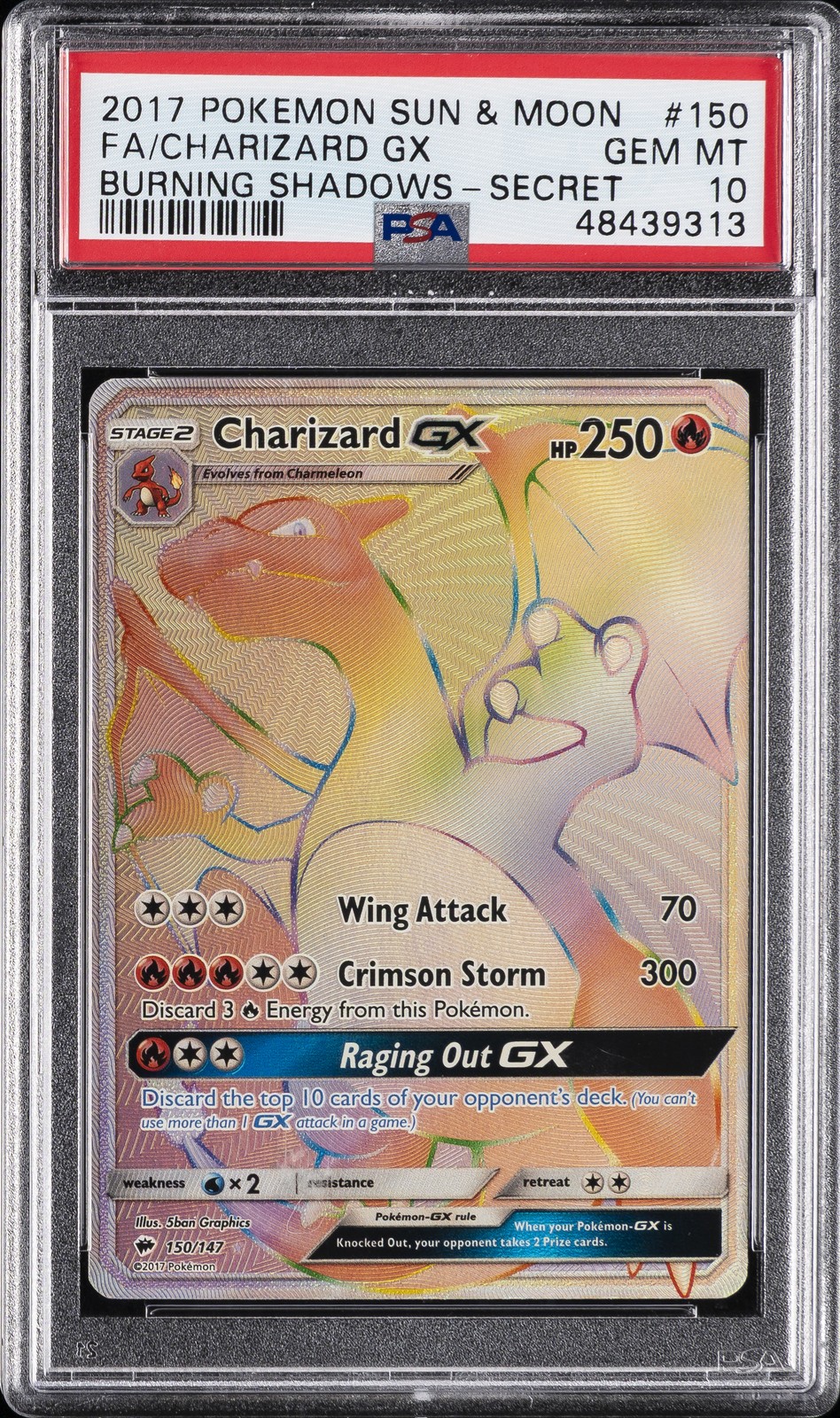 2017 POKEMON SUN & MOON BURNING SHADOWS SECRET #150 FULL ART/CHARIZARD GX PSA 10