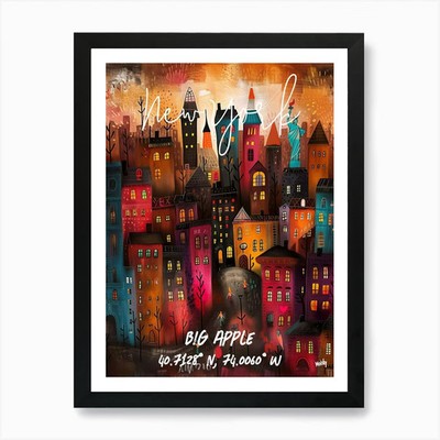 New York, Big Apple, Folk Naive und gerahmtes Wandbild Poster Leinwanddruck Bild