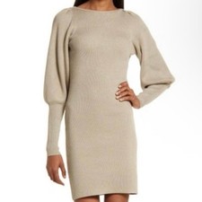 French Connection Tan Joss Ribbed Sweater Dress with Balloon Sleeve Size Small