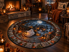 Halloween Round Rug Ghost Cemetery Haunted House Spooky Floor Decor