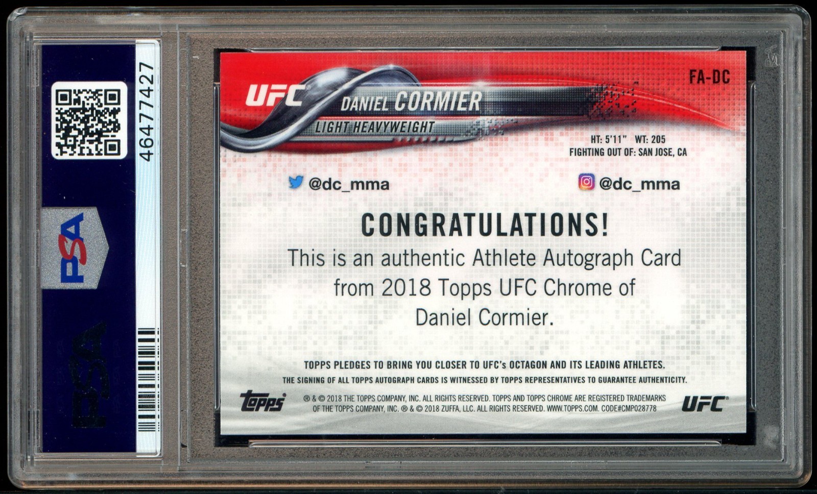 2018 Topps UFC Chrome Refractor Daniel Cormier AUTO PSA 9 MINT view 3